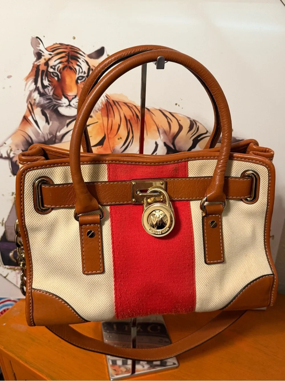 Michael Kors Hamilton Stripe Canvas Satchel with Orange and Tan Leather